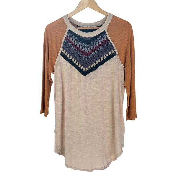 Free People Spring Bound Baseball Tee Size M Color: Calm Sand Crochet Detail - Picture 3 of 6